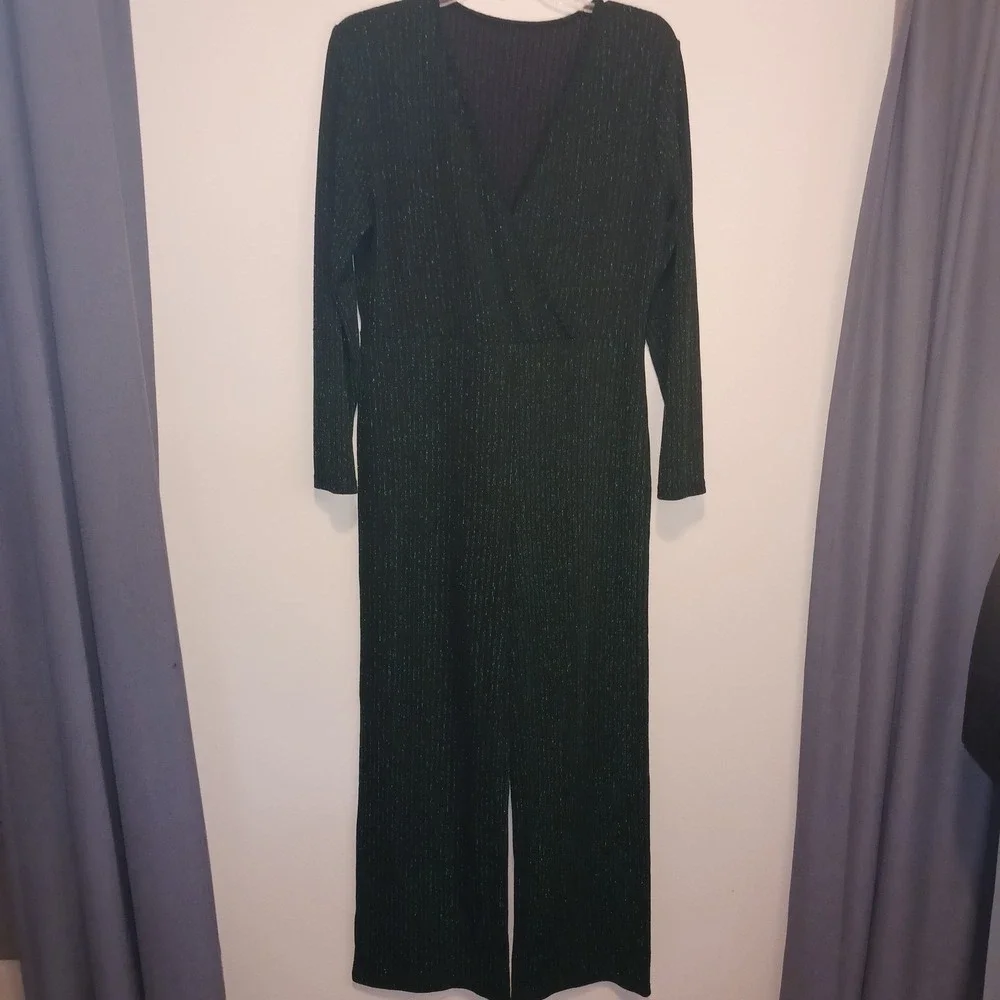Holiday Party Disco Bling Sparkle Green Metallic Long Sleeve Wide Leg Jumpsuit L